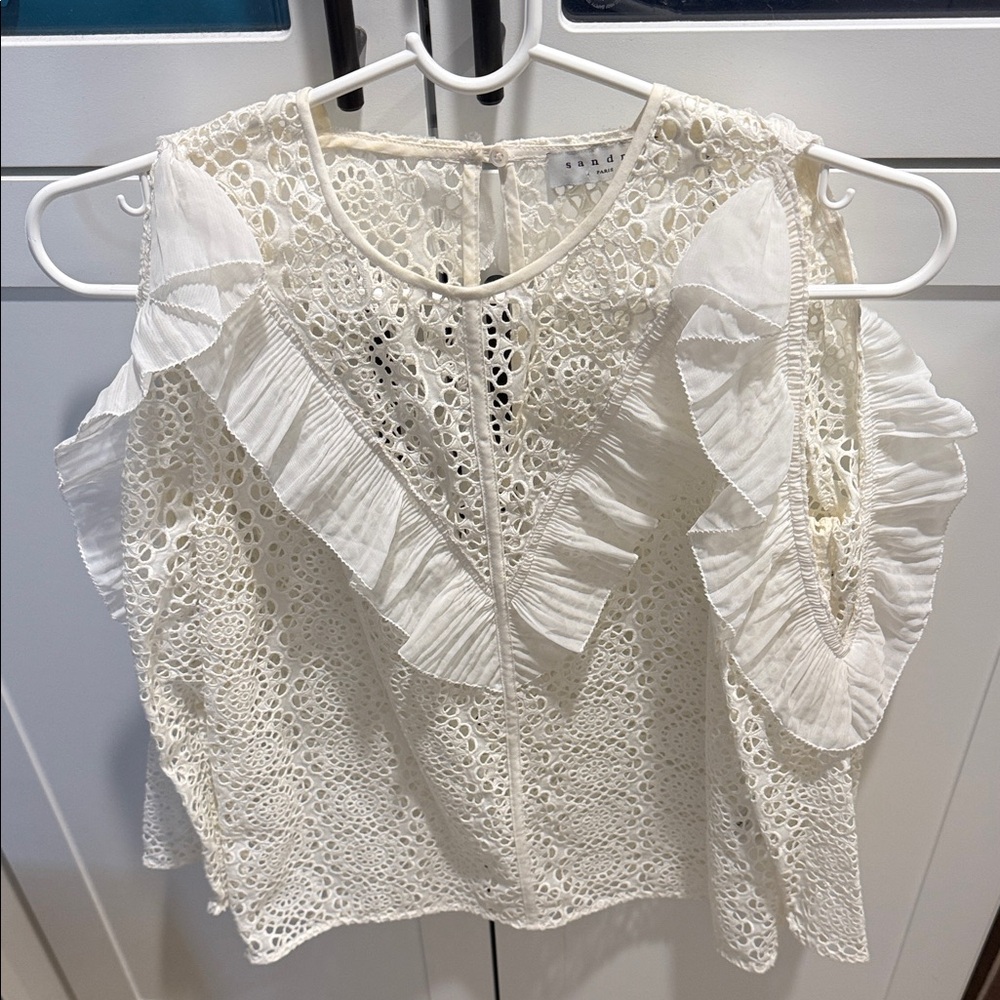 Sandro White Lace Ruffle Blouse